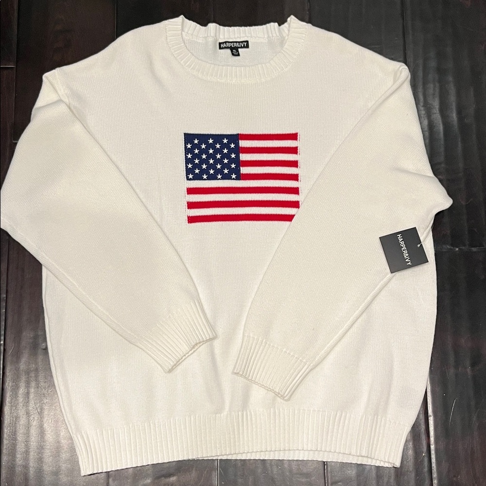 HARPER AND IVY- Nautical White Crewneck Sweater with American Flag size XL